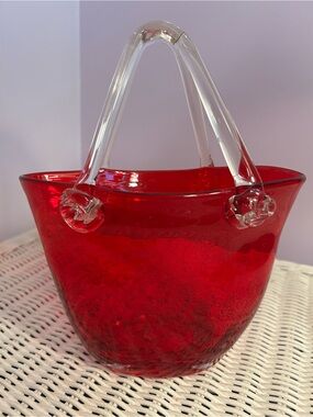 Vintage MCM Ruby Red Art Glass Basket Bowl Hand Blown Cranberry Glass Decor